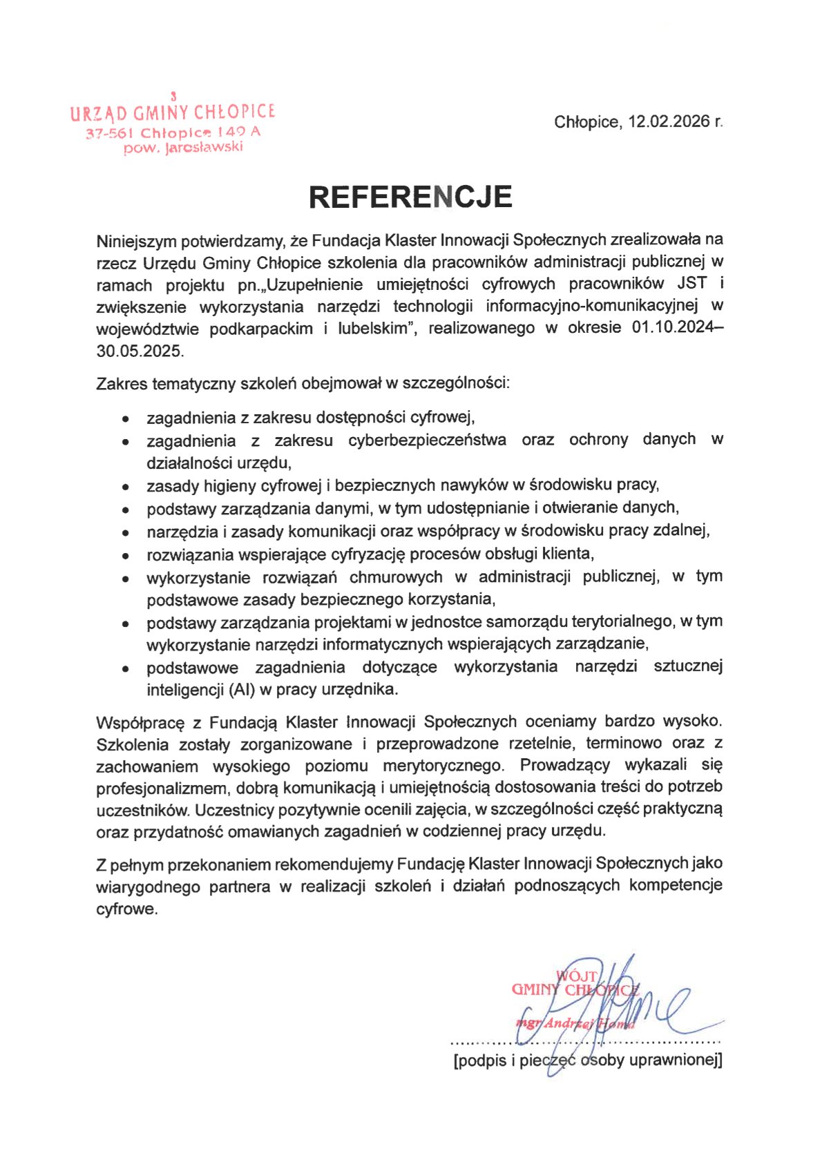 Referencja - Gmina Chłopice