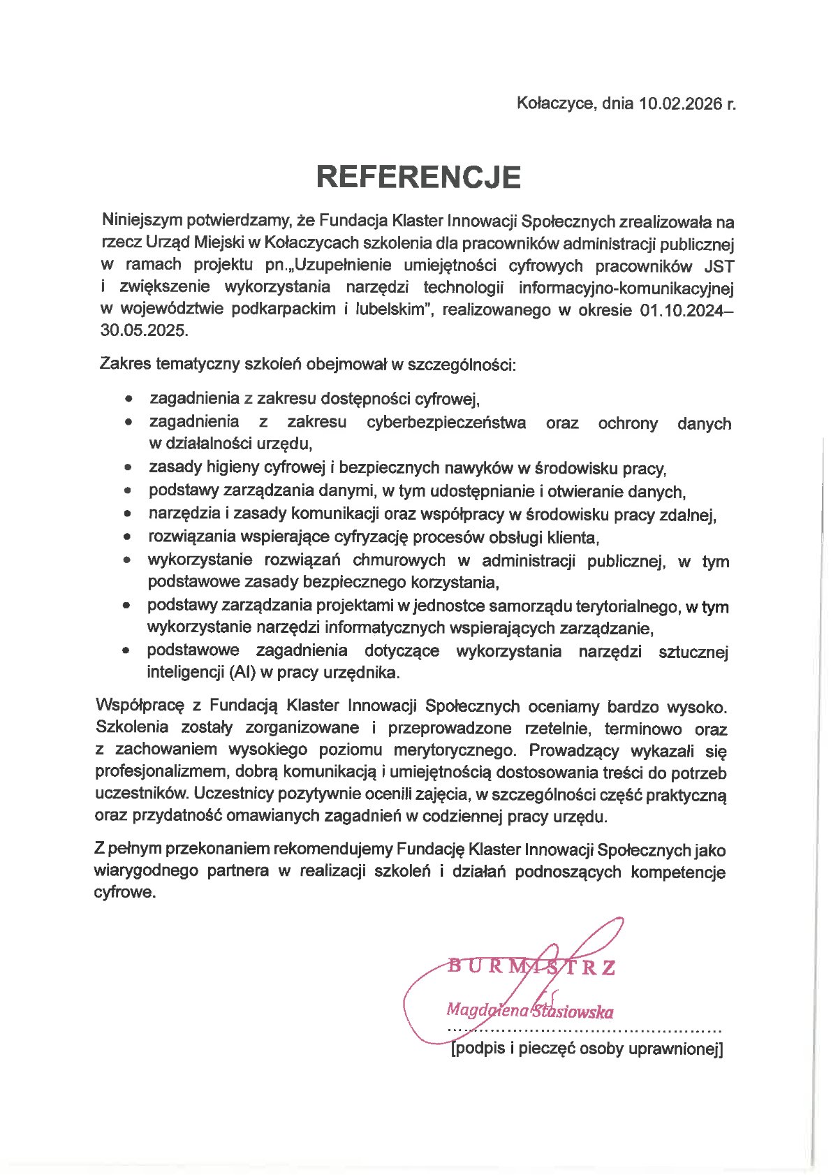 Referencja - Gmina Kołaczyce