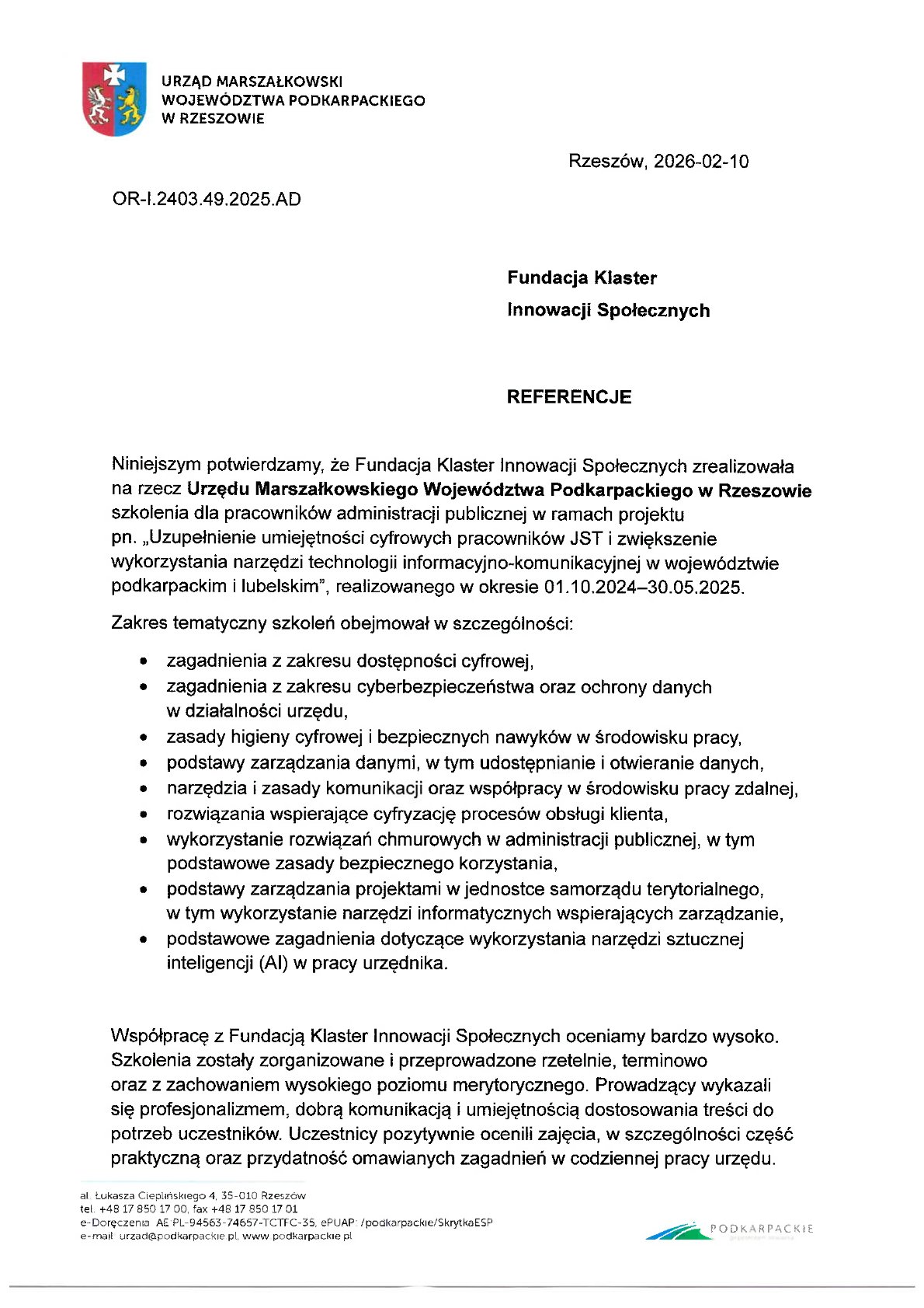 Referencja - Urząd Marszałkowski Województwa Podkarpackiego